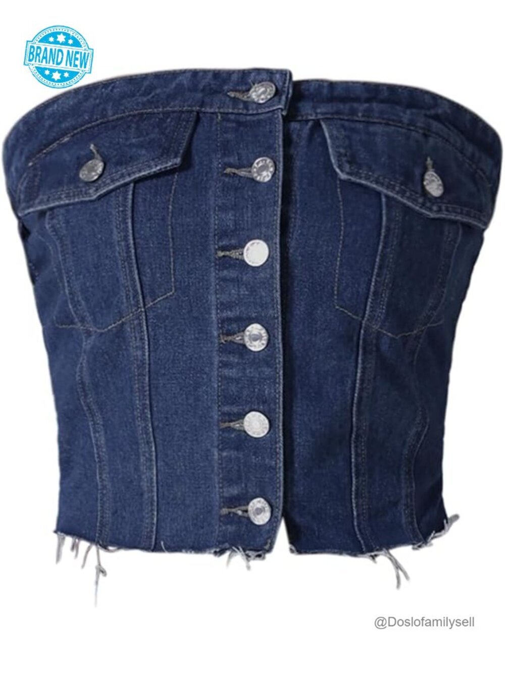 Button Front Denim Crop Tube Top Strapless Smocked Back